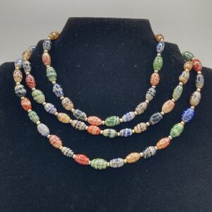 Vintage Art Glass Beaded Necklace 44” Colorful Swirls Unique